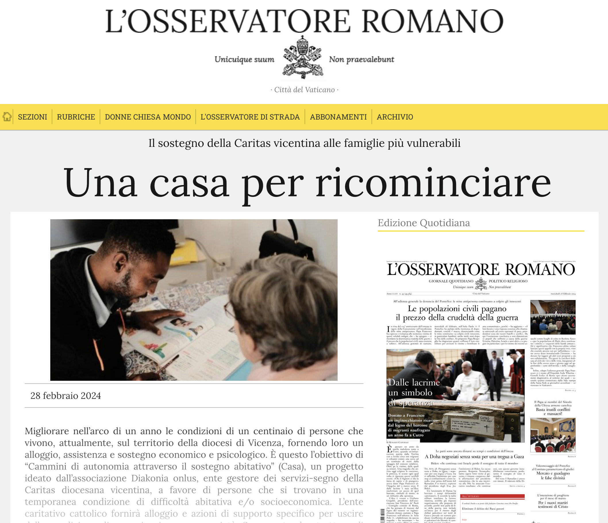 Progetto C.A.S.A., ne parla anche l’Osservatore Romano